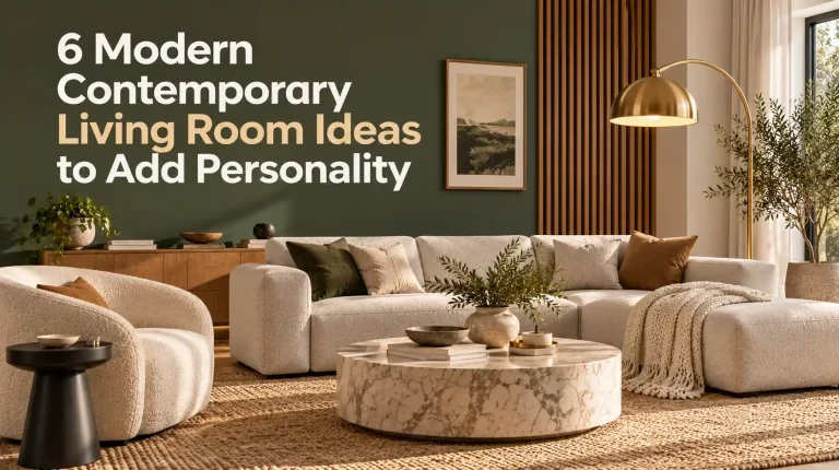 A warm modern contemporary living room ideas scene with curved seating, natural textures, and layered neutral decor