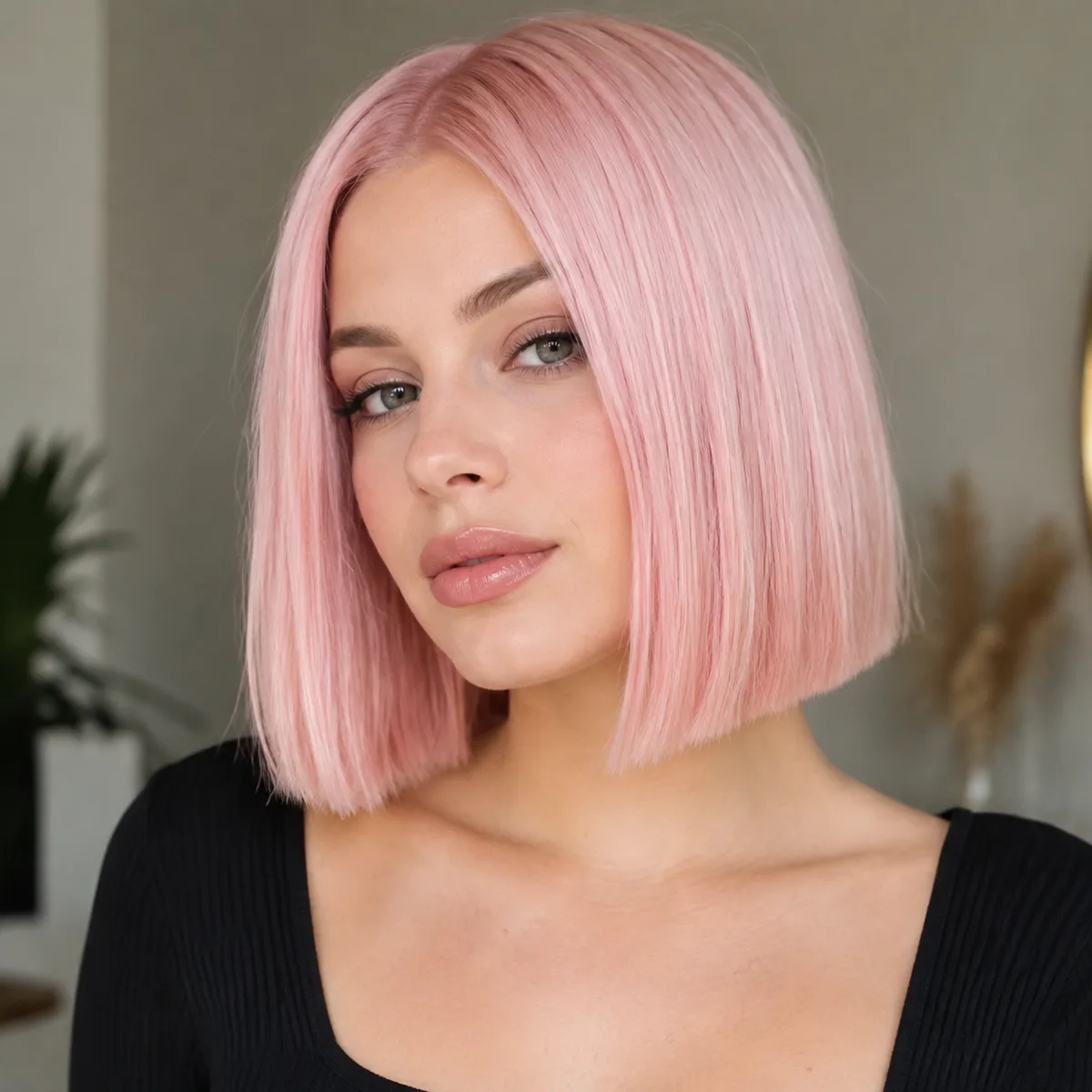 This image is about Blunt Pastel Pink Bob: A Polished Pink Hairstyle