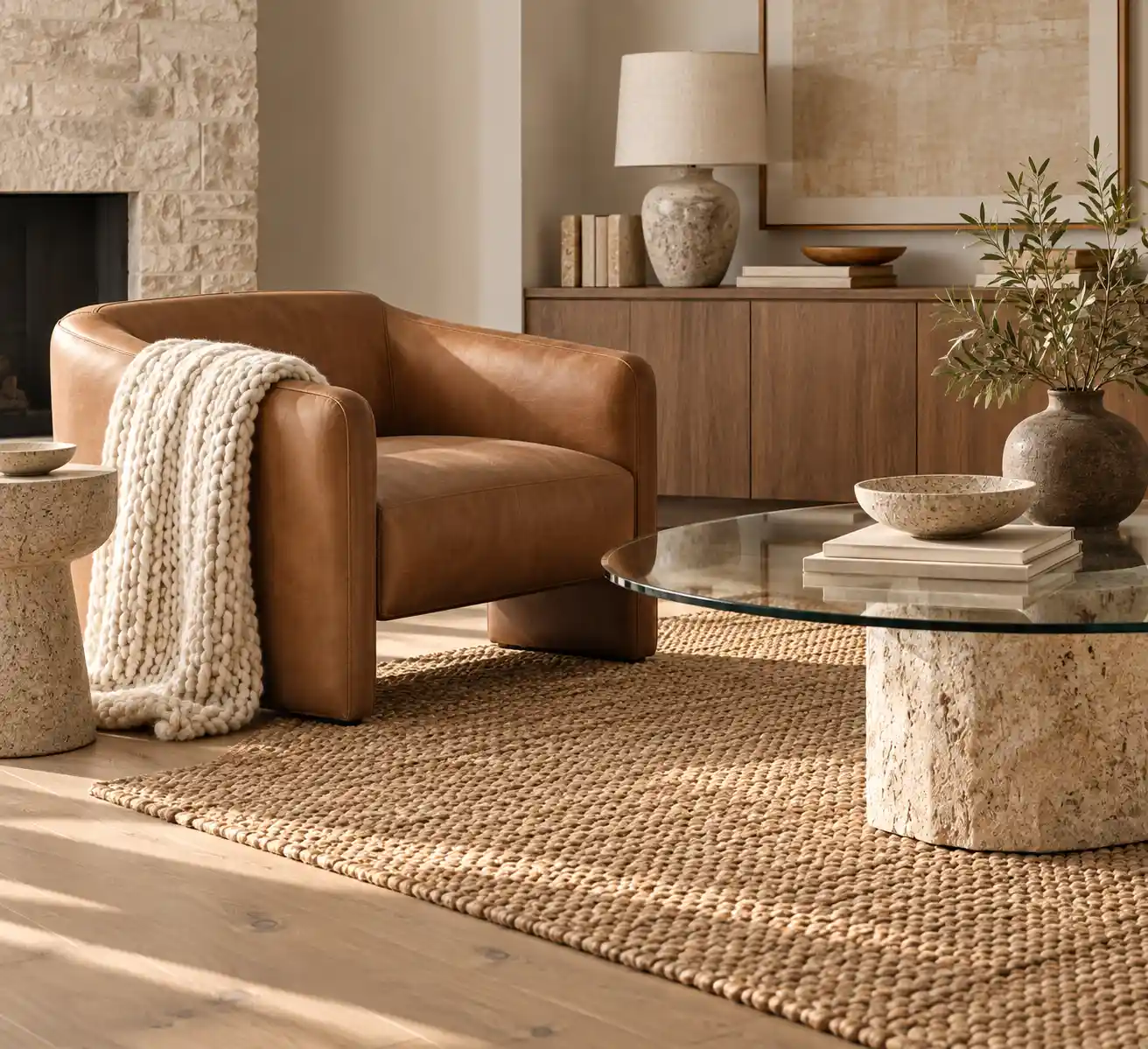 A modern contemporary living room ideas space with a deep forest green accent wall and neutral sofa