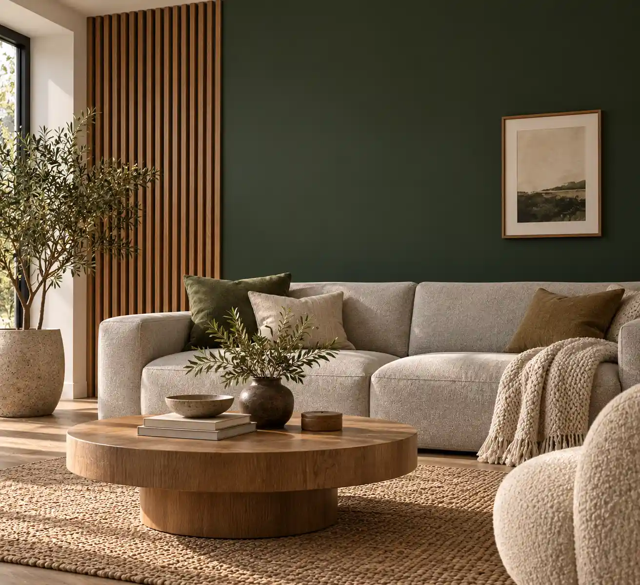 A modern contemporary living room ideas space combining jute leather wool wood and stone textures