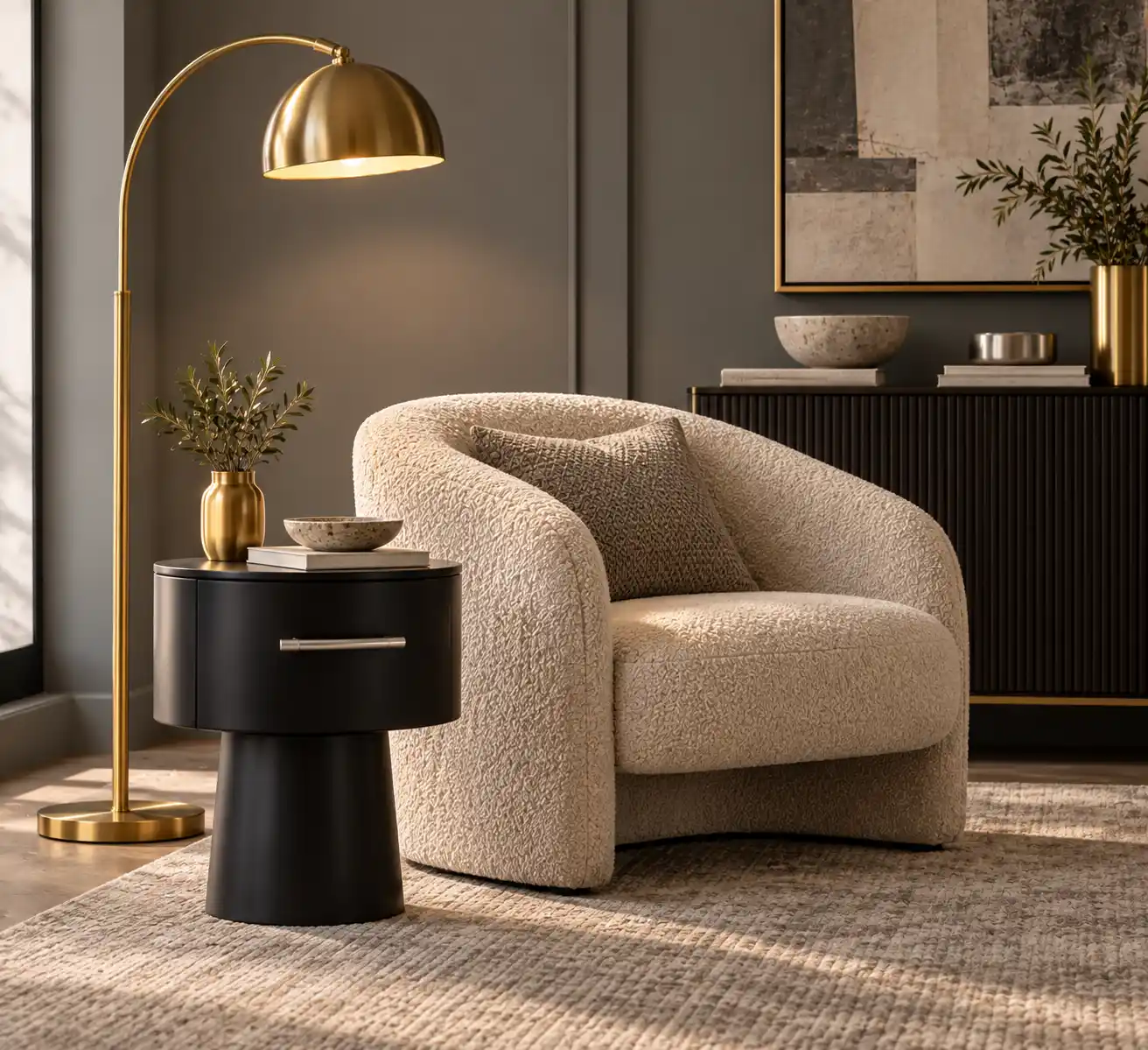 A modern contemporary living room ideas interior featuring sculptural curved seating and a rectangular coffee table