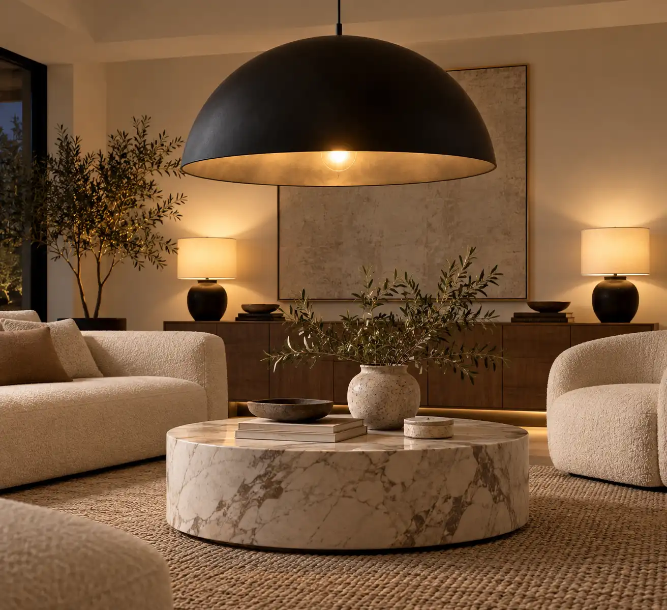 A modern contemporary living room ideas interior featuring a large pendant light and softly illuminated seating area